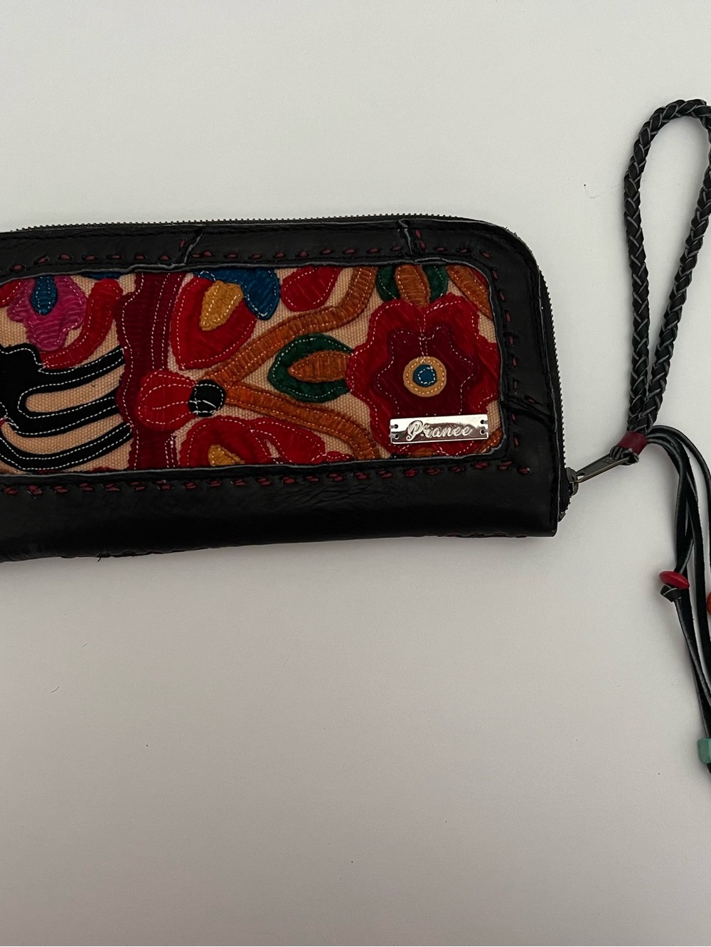 PRANEE Black Leather Wristlet with Multicolor Embroidered Panel
